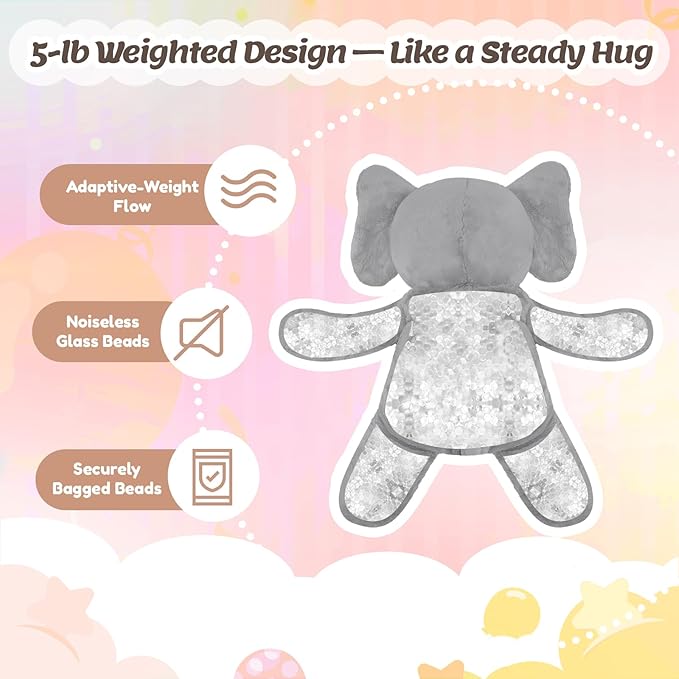 BRICHOEE Weighted Stuffed Animals, 5lbs Elephant Plush Sensory Weighted Elephant Stuffed Animals, Cute Plush Toy Calming Plushie Pillow Birthday Gifts for Adults Baby Kids Boys Girls