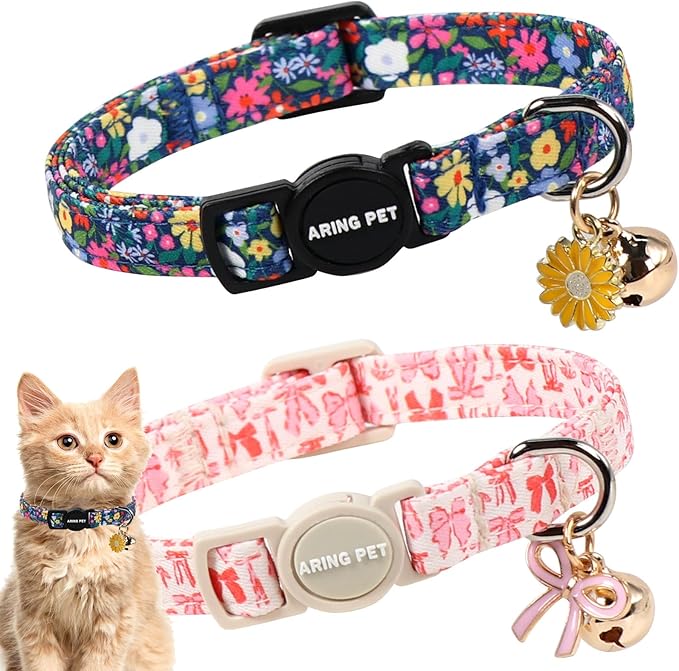 ARING PET 2 Pack Cat Collar, Breakaway Kitten Small Cute Pink Floral Bow Collars with Bells for Girl Female Cats
