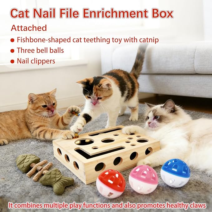 Cat Nail File Enrichment Box - Cat Scratch Puzzle with Bell Ball & Sandpaper, Stress-Free Alternative to Cat Nail Clipper, Cat Nail File Toy for Claw Care (B - Cannot be Disassembled)