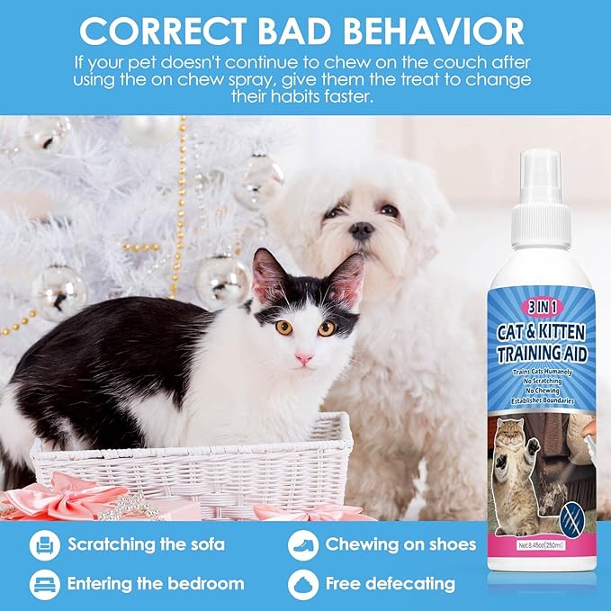 Natural Cat Deterrent Spray, 8.45 FL Oz Cat Repellent Indoor for Cat and Kitten, Anti-Scratch Cat Training Spray for Furniture, Curtain, Floor & Plant, Indoor & Outdoor Use