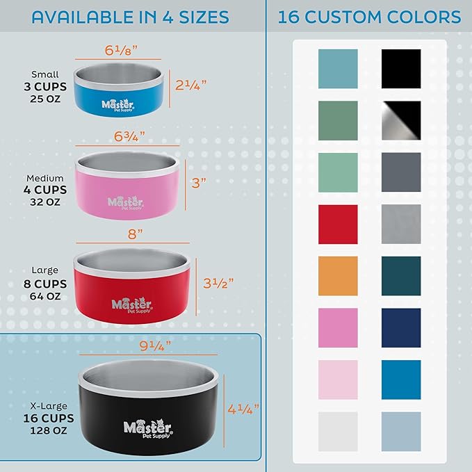 Master Pet Supply Stainless Steel Dog Bowls - 128 oz, Heavy Duty - Black Velvet, Double Wall Extra-Thick Insulated, Non-Slip Pet Water Bowl for Dogs, Cats & Pets, Anti Rust Metal, Dish Washer Safe