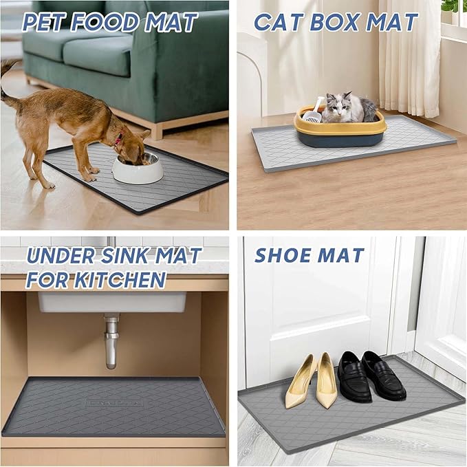 URMONA Large Dog Food Mat, 28" x 22" Pet Food Mat, Waterproof Dog Cat Food Mat with Raised Edges, Silicone Pet Food Mat, Dog Accessories, Prevents Food Spills, Protects Floors（Black）