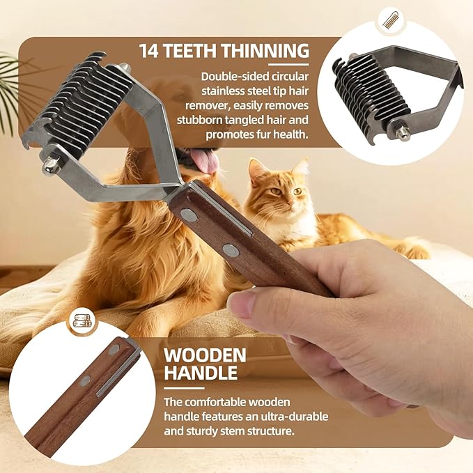Large 2-Sided Undercoat Rake for Dogs and Cats，Professional Pet Grooming Shedding Tool Combs for animals，Stainless Steel with Wooden Handle for Thick Coats(14-Blades)