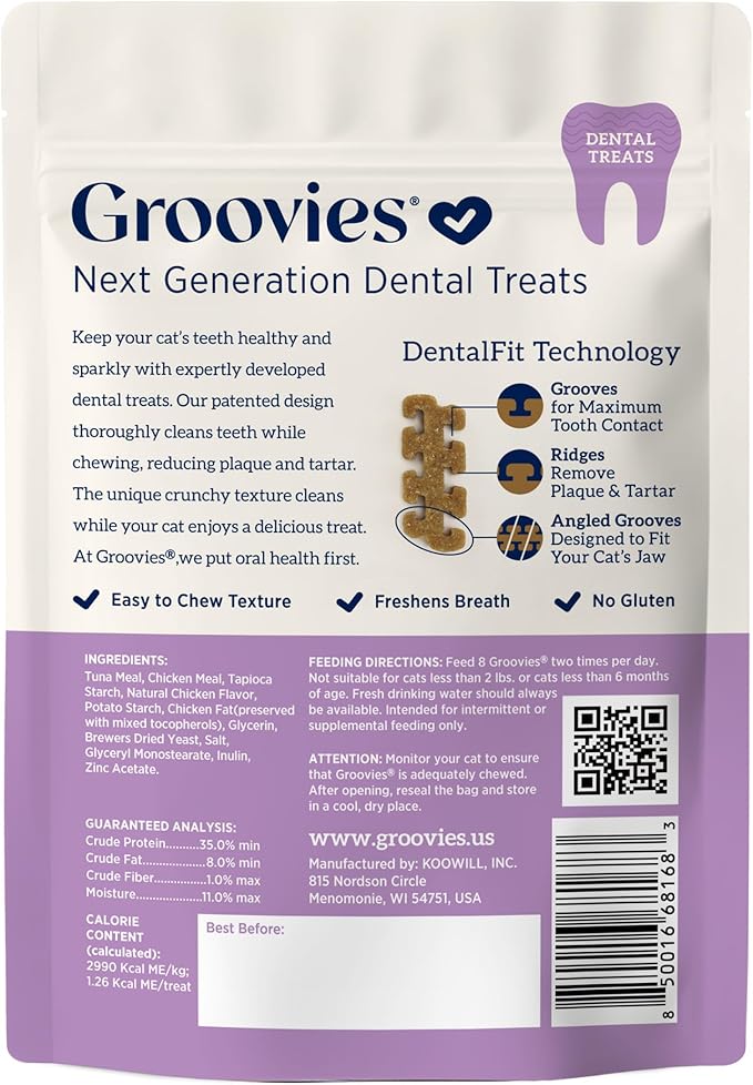 Groovies Cat Daily Dental Treats. Tasty, Crunchy Bites Cats Love. Tuna Flavor. Powered by USA-Patented DentalFit Technology. No Added Gluten, No Artificial Flavors or Colors. 1.76oz (115 Treats)