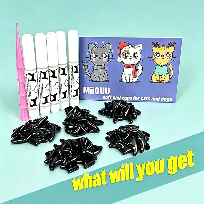 100 pcs Cat Nail Caps | Cat Claw Covers with Adhesives and Applicators | Black (M)