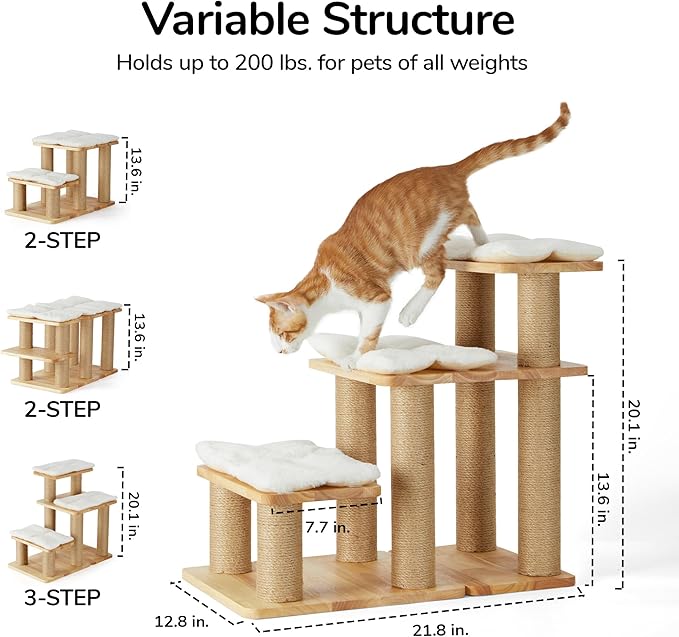 FUKUMARU Dog Stairs, Solid Wood Pet Stairs with Cat Scratching Post, Transformable Cat Ramp Can Hold Up to 200 lbs, 20 Inch Pet Steps for Dogs and Cats to Climb High Bed and Couch, Over 6 Combinations