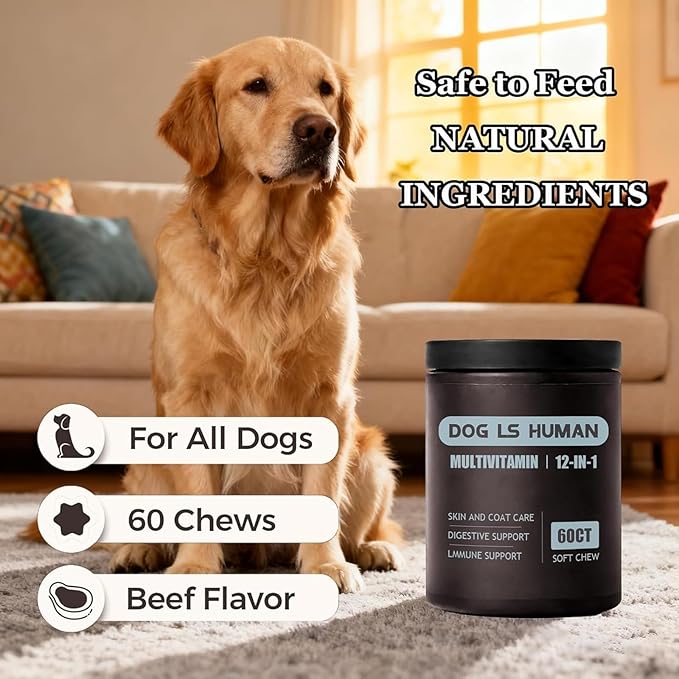 Dog Is Human Multivitamin for Dogs,Pet Vitamins Supplements for Skin and Hair,60 Chews (1PCS)
