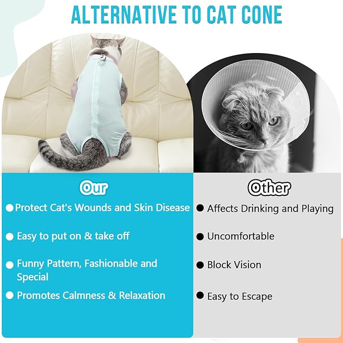 SlowTon Cat Recovery Suit - Onesie After Surgery for Female Male Kittens, Clothes Surgical Spay Suit for Abdominal Wounds, E-Collar Alternative Bodysuit Anti-Licking (Light Blue, S)