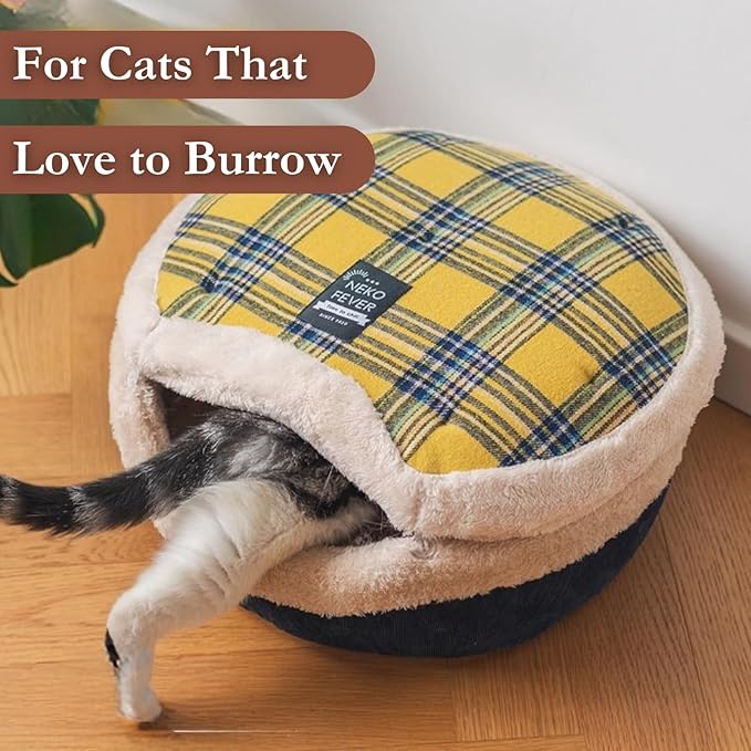 Cat Cave Bed – Enclosed Self Warming Hideaway with Detachable Lid & Mat, Covered House for Indoor Kitten & Kitty (Redwhite)