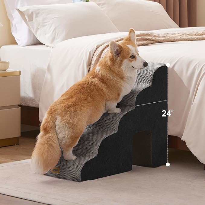 Dog Ramp for Large Dogs - 24" H 5 Steps Pet Stairs for High Bed with Tunnel 2 in 1 with Zippers Suitable, Indoor Cat Ladders with Non-Slip Bottom, Black