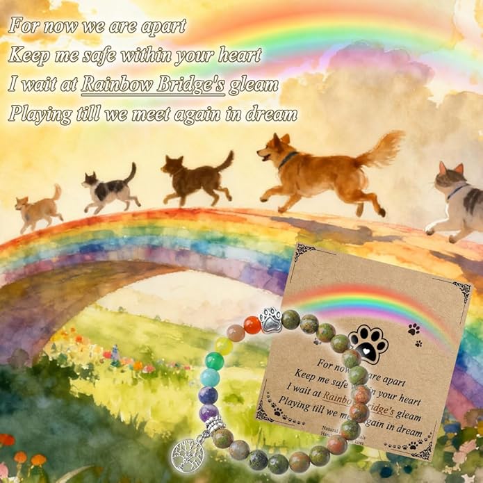 Pet Memorial Gifts, Sympathy Gift for Loss of Dogs and Cats, Chakra Rainbow Bridge Bracelet for Women Men Who Lost Pets