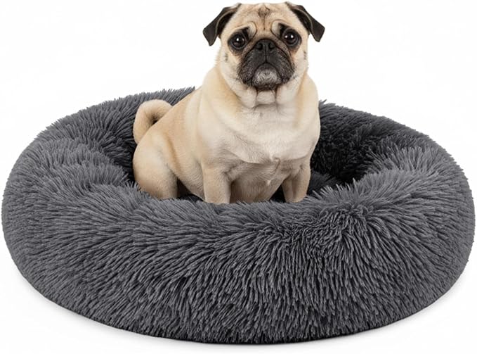 PetAmi Calming Dog Bed for Small & Medium Dogs and Cats, 23 Round Donut Dog Bed, Washable Fluffy Faux Fur Puppy & Cat Bed, Anti-Anxiety Plush Cuddler Pet Bed with Anti-Slip Bottom - Dark Gray