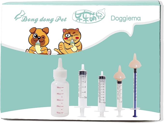 Doggiema Feeding Nipple and Syringes,Puppy Kitten Nipple for Nursing, Newborn Baby Dog Cat Rabbit Feeding Nipple with Nipples Feeder Kit (2)