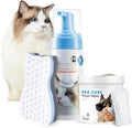 Mooncat Sensitive Cat Grooming Bundle – Waterless Foam Cat Shampoo with Detangling Brush (No Rinse, Licking Safe, Paraben-Free, 5oz) + Cat Ear Cleaner Finger Wipes for Wax Removal & Odor Control (40ct