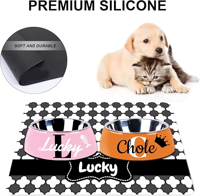 Personalized Dog Cat Food Mat PU Non-Slip at The Bottom Dog Bowl Mat Dog Mat for Food and Water Custom Pet Dog Food Mats for Floors Waterproof (Dot)