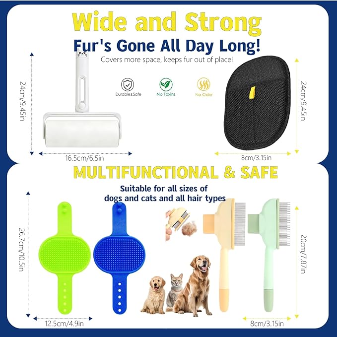 4-in-2 Pet Hair Removal Kit, Reusable Lint Roller, Anti-Slip Glove, Deshedding Comb, Portable Sticky Roller for Cats and Dogs（Yellow）
