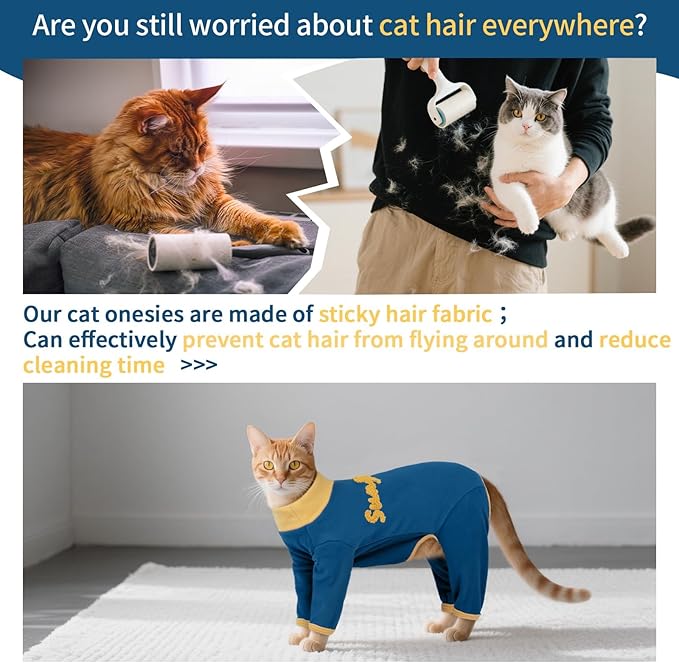 T'CHAQUE Sticky Hair Cat Onesie Pajamas, Soft Long Sleeve Cat Clothes, Anti-Shedding, Surgery Recovery Suit, Wound Protection & Preventing Licking, Kitten Sweaters for Male & Female-XS