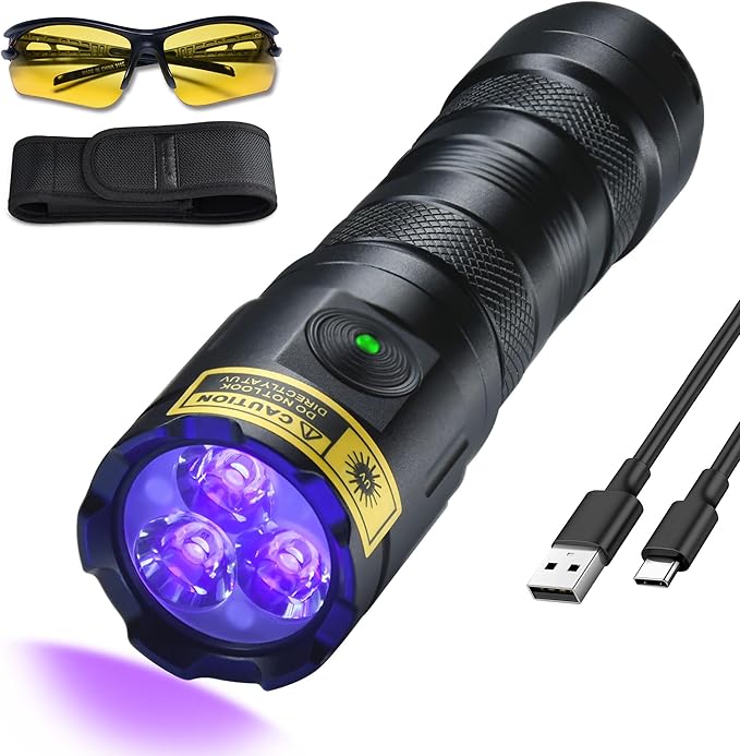 DARKBEAM UV Flashlight 395nm Black Light, 3 LEDs 20W Powerful Ultraviolet Flashlights Rechargeable, Mini Woods Lamps Long Life for Resin Curing, Pet Urine Detection, UV Nail Glue, AC Leak