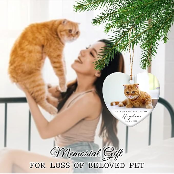 Cat Memorial Ornament - Personalized Ornaments in Loving Memory of Cats - Kitten Loss Bereavement Gift - Sympathy Keepsake for Pet, Cat Owners - Custom Decoration Heart Shaped