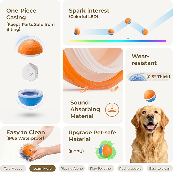 Apasiri Interactive Dog Toys: Automatic Moving Dog Toys for Aggressive Chewers with LED Lights (3.74 in Diameter)