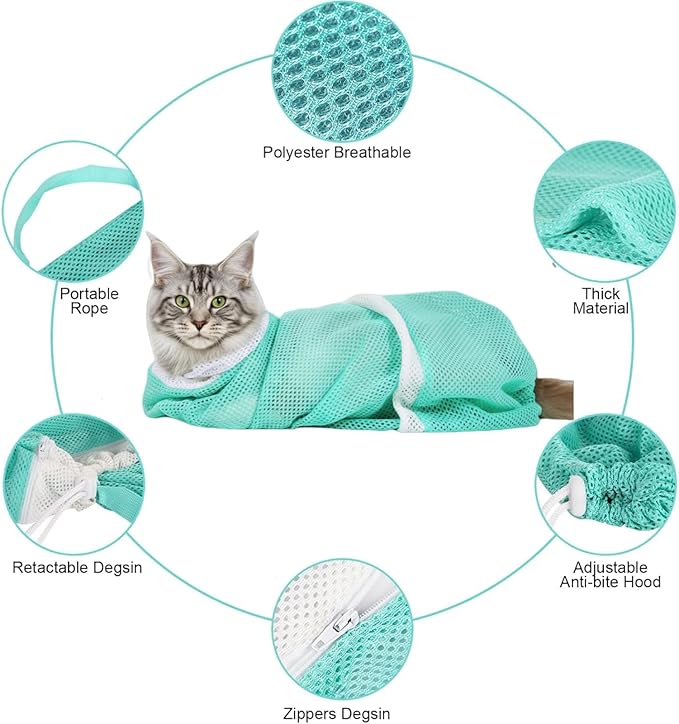 Cat Bathing Bag - Anti-Bite & Anti-Scratch Shower Bag, Adjustable Restraint Bag for Cat Washing, Nail Trimming & Injections, Breathable Mesh Design