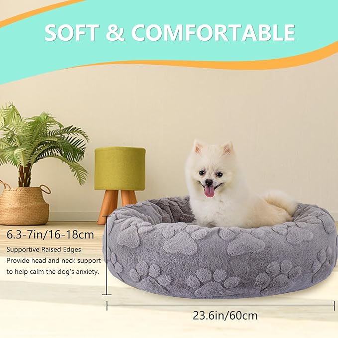 23 Inch Calming Dog Bed for Small Dogs Cats, Kitty Puppy Round Anti-Anxiety Warm Bed, Soft Cozy Anti-Slip Donut Washable Pet Bed, Fits up to 30 lbs Pets