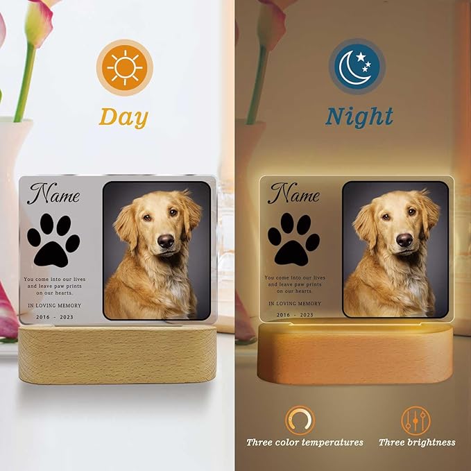 Personalized Pet Night Light Customized Dog Memorial Gift Picture Frame Acrylic Plaque Led Lamp Cat Sympathy Gift for Loss of Pet(Dog Paw)