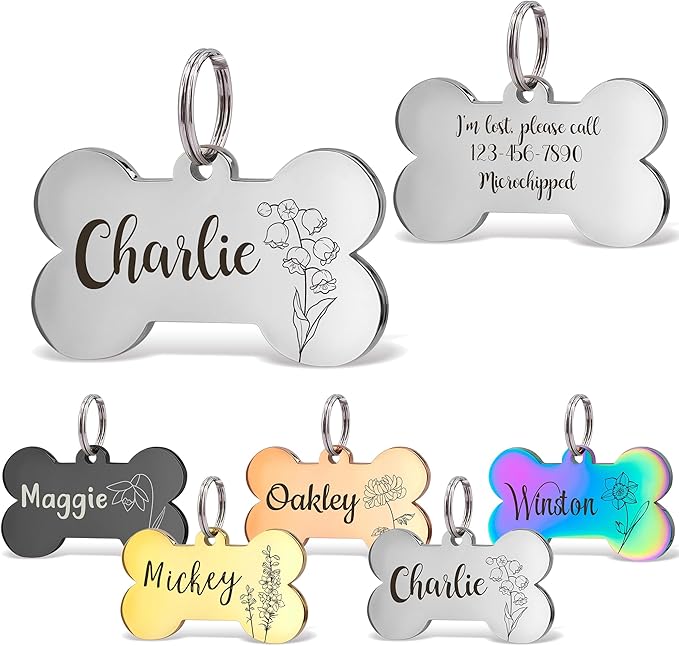 Anavia Floral Pet ID Tags, Birth Month Flowers Theme Dog Tag Round Bone Shape Cat Name Tag, Glossy Stainless Steel Gold Plated Dog Collar Tag (Bone Shape - Silver, Large)