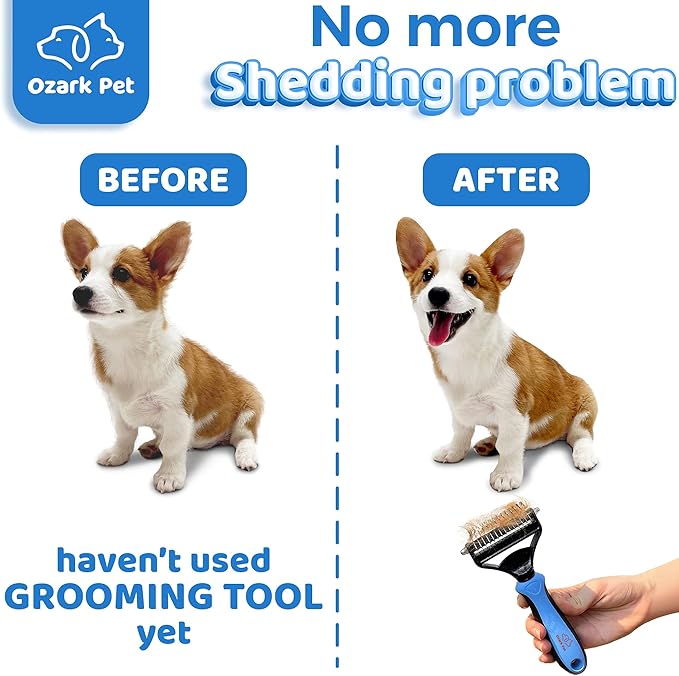 Dog Brush and Cat Brush-with Deshedding Brush, Dog Dematting Tools, Undercoat for Dogs, Deshedding Tool, Reduce Shedding Up To 95%, for Short to Long Hair, and Large Breeds by Ozark Pet (Blue L)