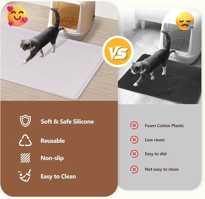 Large Cat Litter Mat with Toy Ball, 38'' x 25'' Silicone Cat Litter Trapping Mat for Scatter Control, Soft on Kitty Paws, Easy to Clean (White)