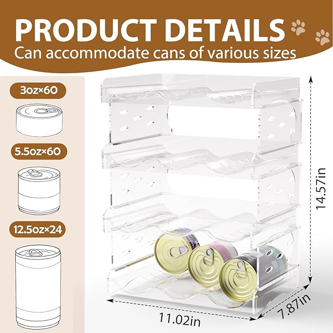 Cat Food Can Organizer, 4-Tier Cat Food Organizer, Transparent Can Organizer for Pantry, Canned Food Organizer Holds 60 (3oz) Cans, Pantry Can Organize (4-Tier)