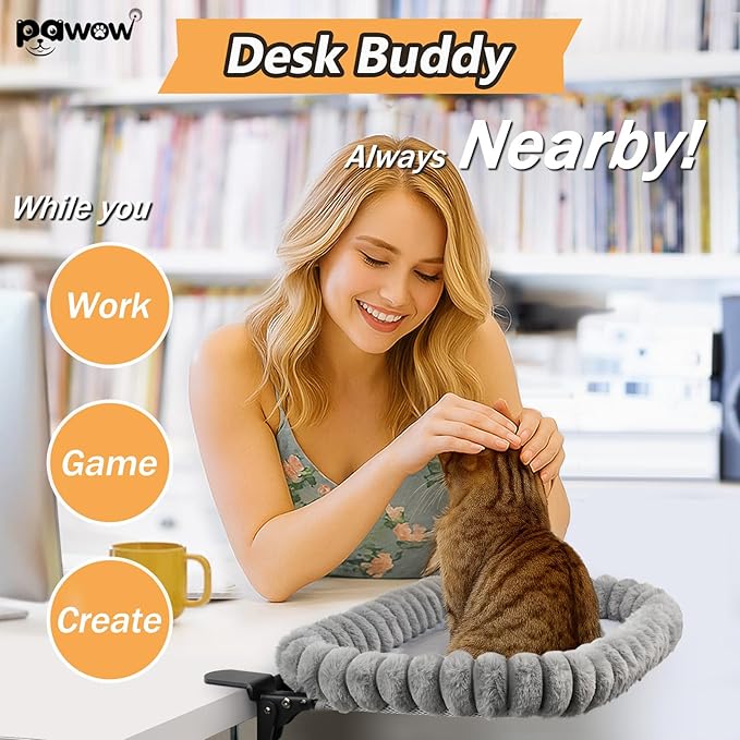 Pawow X-Large Cat Desk Bed - 90° Foldable Space-Saving Cat Beds, 2 Washable Covers (Faux Rabbit Fur & Cool Mesh), Heavy-Duty Frame Supports 40lbs, Easy Install Pet Perch for Office & Game Tables