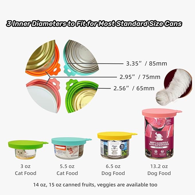 MoPawKT- 6 pcs Silicone Cat/Dog Food Can Covers Lids, Universal 3 Sizes Fit for 3oz, 5.5oz, 6.5oz, 13oz, 13.2oz Pet Food Cans, BPA Free, Reusable (set of 6 lids)