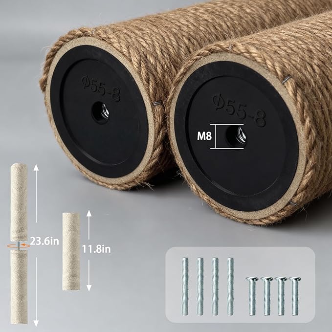 4 Pack Cat Scratching Post Replacement, 11.8 x 2.7 Inch Sisal Poles with M8 Screws, Refill Parts for Indoor Cat Towers and Furniture Repair-Brown