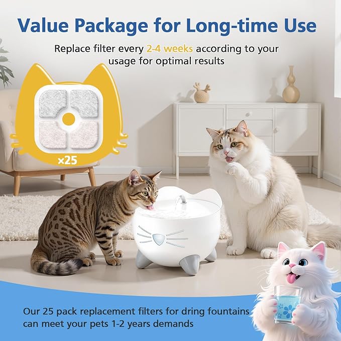 25-Pack Cat Fountain Filter Compatible With Catit PIXI Drinking Fountain, Replacement Triple Action Water Filter, White
