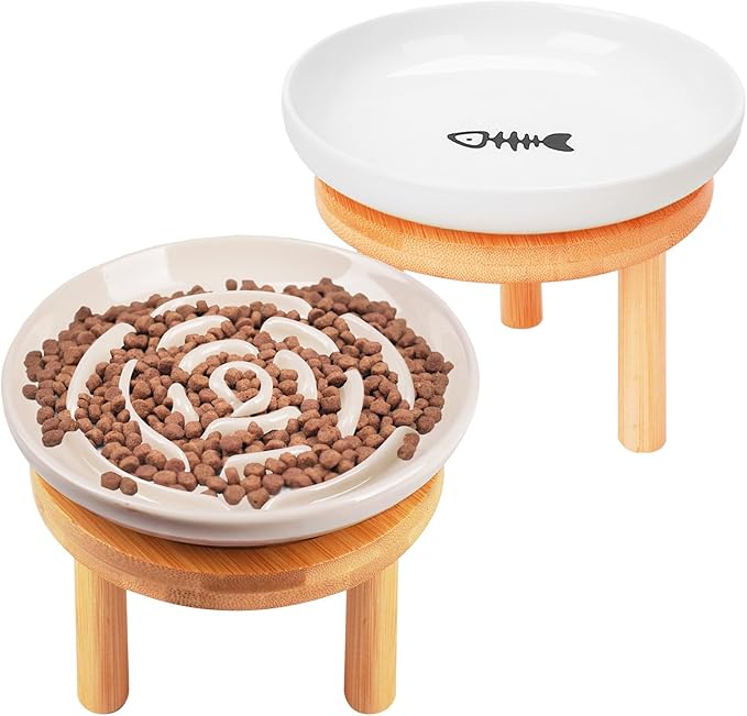 Shallow Elevated Cat Bowls with Bamboo Stand, 5.9 Inch Raised Slow Feeder Cat Bowl and Wide Ceramic Cats Bowls Whisker Friendly, 2 Pack Pet Dishes for Dry and Wet Food Dishwasher Safe