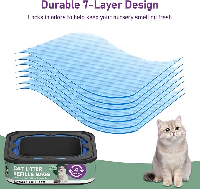 Cat Litter Refill Bags Cartridge 28FT, Compatible with Litter Cat Genie Standard, Plus, XL, XL+ Pail Refills, 7-Layer Odor Control Pet Waste Bags 8 Pack