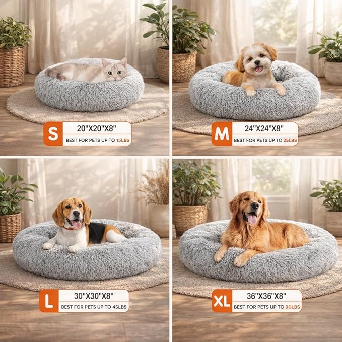 Dog & Cat Bed for Indoor Cats, 37in Calming Donut Pillow mat for Puppy and Kitten, Washable Cooling Round Fluffy Pet Nest for Small Medium Dogs and Cats, Light Grey