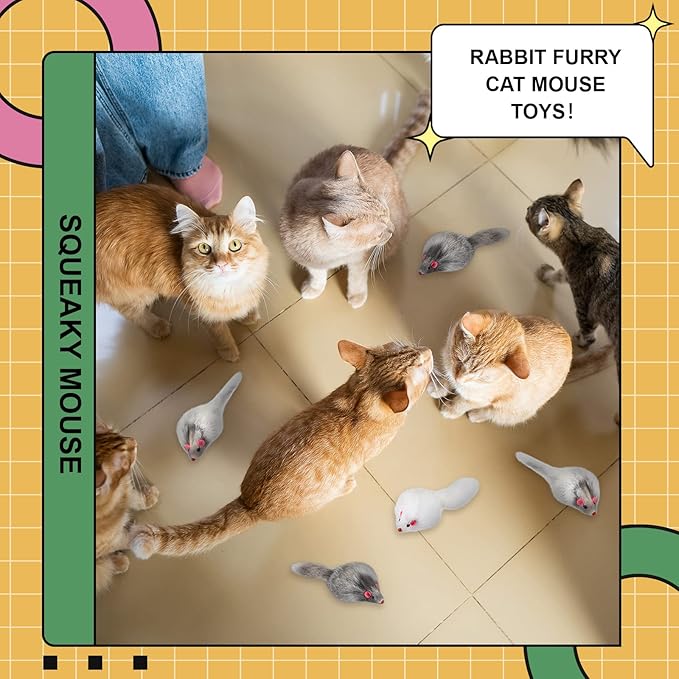 Hungdao 24 Pcs Furry Mice Interactive Catch Play Rabbit Fur Mouse Rattle Sound Rat Plush for PET Cats and Kittens, 3 Colors (White,Black,Gray)