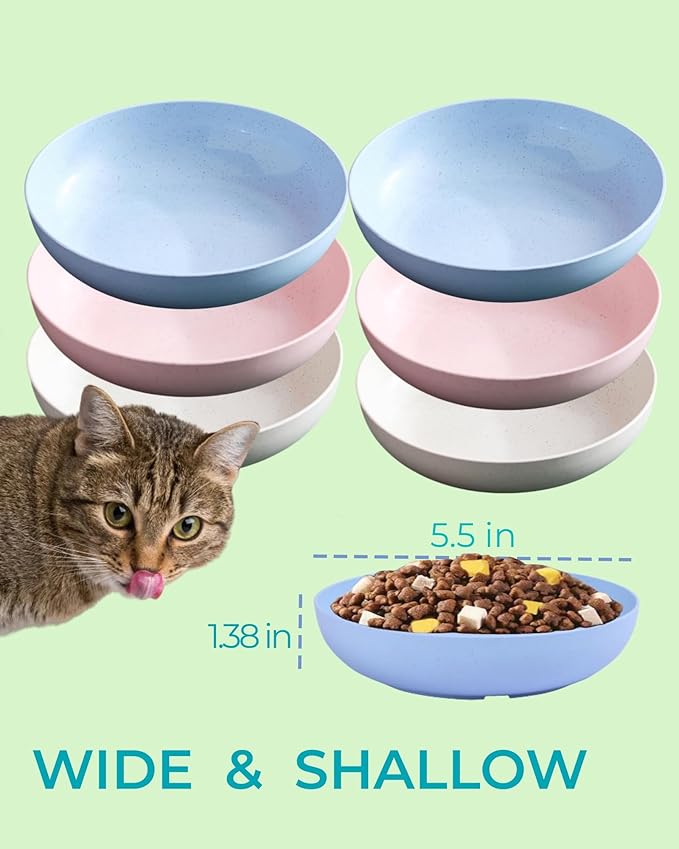 6-Pack Cat Food Bowl with Non-Slip Feet, Whisker Fatigue Cat Dishes for Food, Plastic Cats Bowls Set for Multi-Cats Homes, 5.5" Wide Shallow Relief Kitten Bowls BPA-Free, Dishwasher Safe