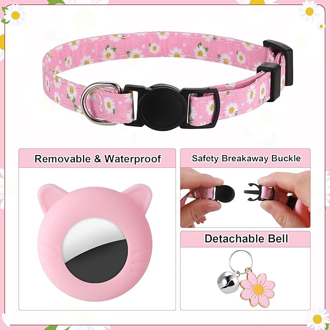 3 Pack Airtag Cat Collar Breakaway Floral Cat Collars with Air Tag Holder, Bells and Flower Charm Adjustable Safety Kitten Collars for Girl Boy Cats
