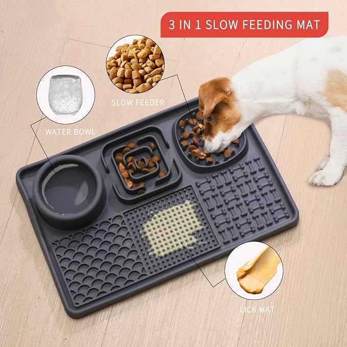 Lick Mat for Cats, Dog Anxiety Relief Slow Feeder with Suction Cups, Non-Slip Silicone Dog Enrichment Treat Mat, Easy to Clean Cat Puzzle Feeder, Lick Mats for Dogs Cats, Grey, 12"x8"