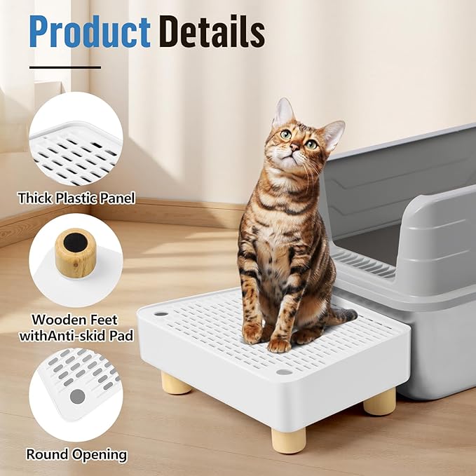 Extra Large Cat Litter Box Step Ramp, Cat's Litter Catcher Mat with Wooden Feet, Filter Function, Pedal Stool for Self-Cleaning Cat Litter Box, Ideal for Kitten & Elderly Cats (White)