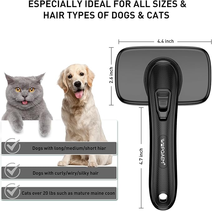 Self Cleaning Slicker Brush for Dog, Cat, Skin Friendly Shedding & Grooming Tool for Long and Short Haired Pets, Easy Clean Retractable Bristles, Black