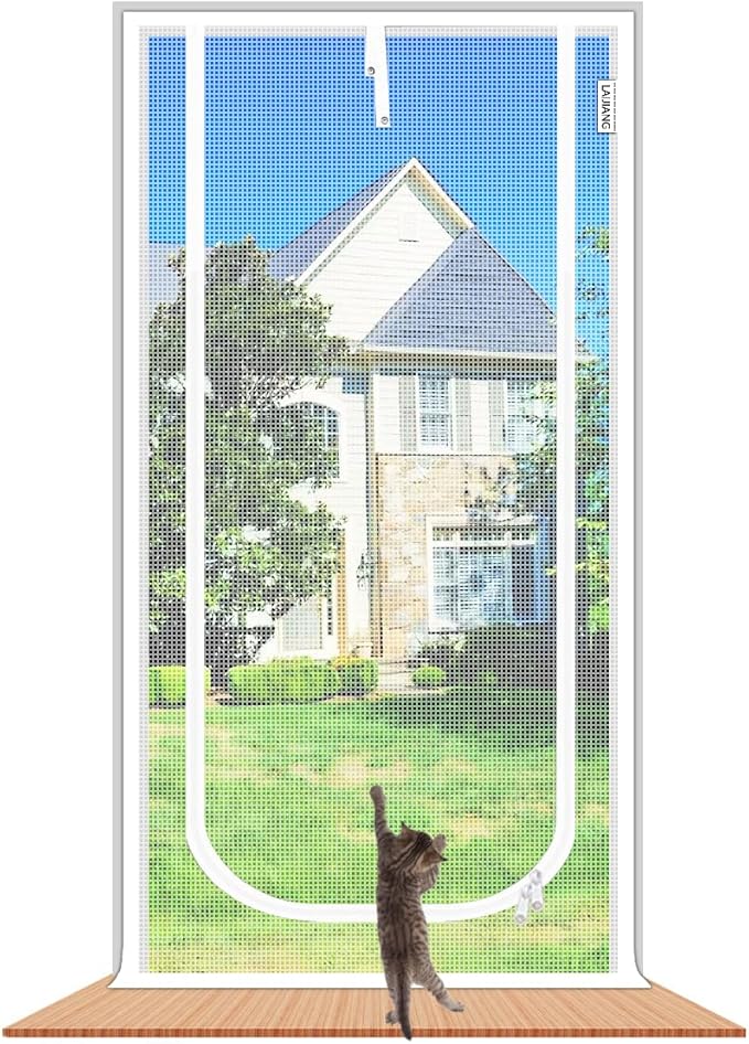 Cat Screen Door 32x83'' Reinforced Cats Resistant Mesh Screen Door with Zipper Closure, Pets Scratch Proof Screen for Living Room, Bedroom, Patio, Fits Openings 30x81''