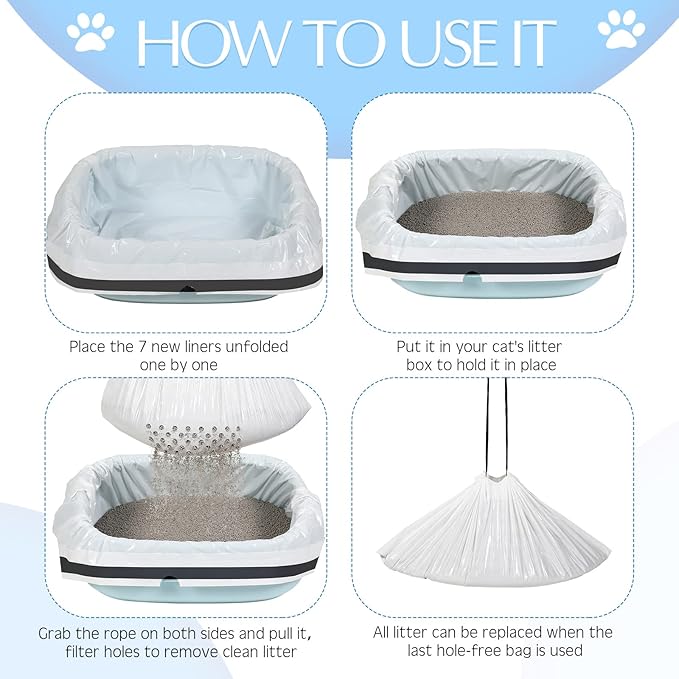 Jutom 56 Count Sifting Litter Box Liners, Drawstring Jumbo Sifting Cat Litter Bags with Holes, 31 x 18 Inch 22 lb Capacity Portable Thick Scratch Resistant Drawstring Bags for Pet Cats