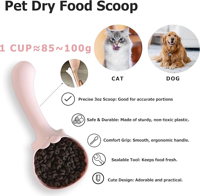Multifunctional Pet Food Scoop and Spatula Set Pet Dry Food Scooper + Cat Wet Can Spoon Mesuring Cup with Sealing Clip for Containers for Dogs Cats Birds and Rabbits Feeding Diswhasher Safe- Pink