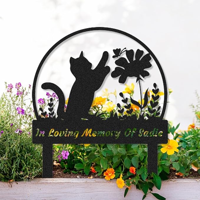 Personalized Butterfly Cat Memorial Stake Custom Flowers Cat Grave Marker, Customized Metal Cat Statue Memorial Plaque Pet Loss Gift Garden Yard Flowerpot Outdoor Home Decorations