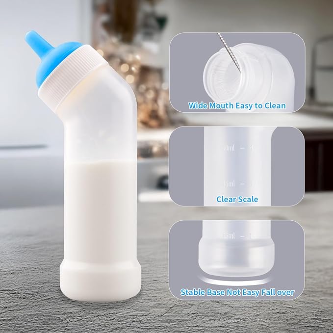 Pet Nursing Bottle for Newborn Animals,Kitten Bottle Feeding Kit Silicone Nipple for Kittens Puppys Rabbits Squirrel (Blue, Large)