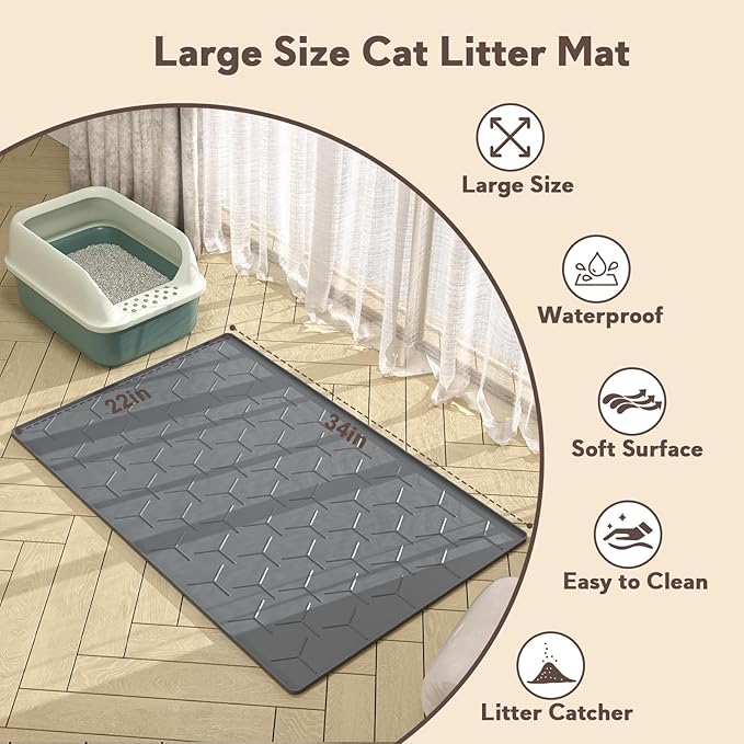 Cat Litter Box Mat, Large 34" X 22" Cat Litter Mat, Waterproof Silicone Pad for Floor, Dark Gray